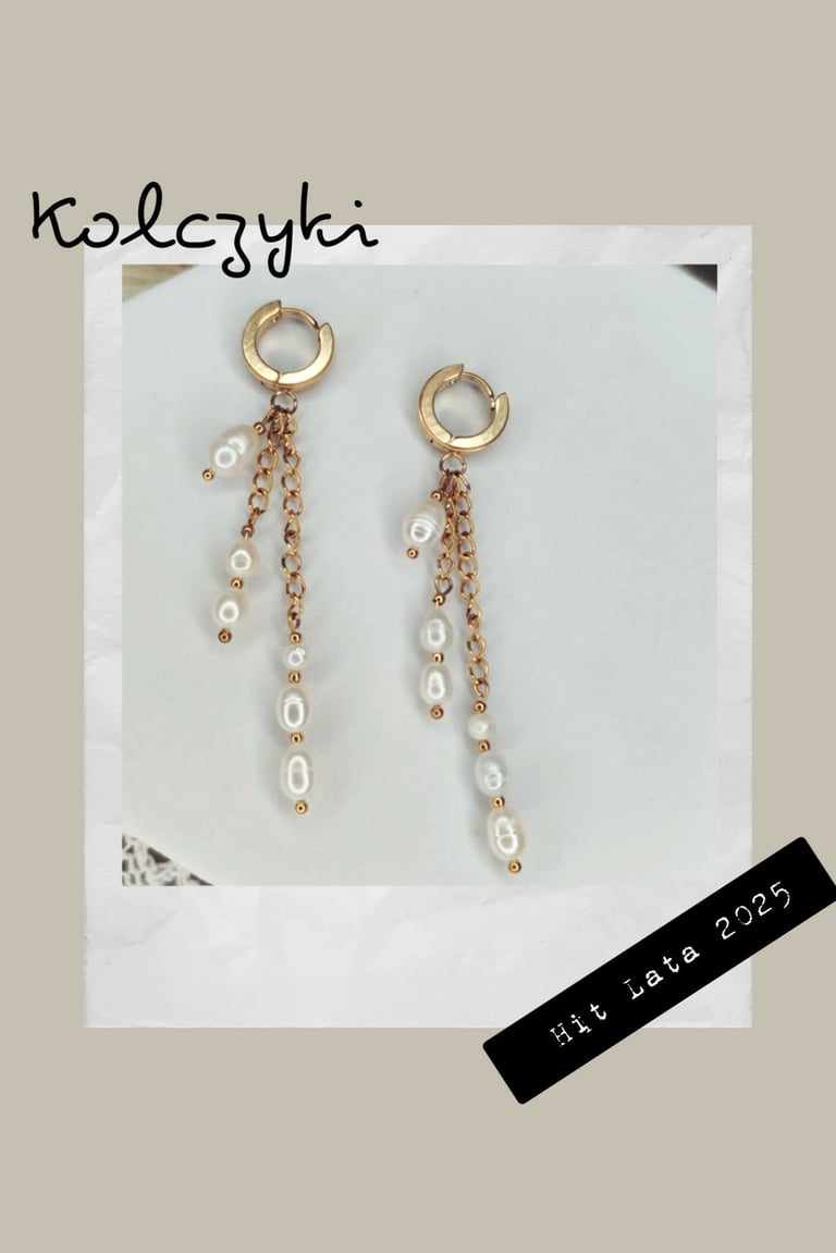 Kolcyuki brand gold chain earrings with pearl beads dangling from rose gold hoops on white display card