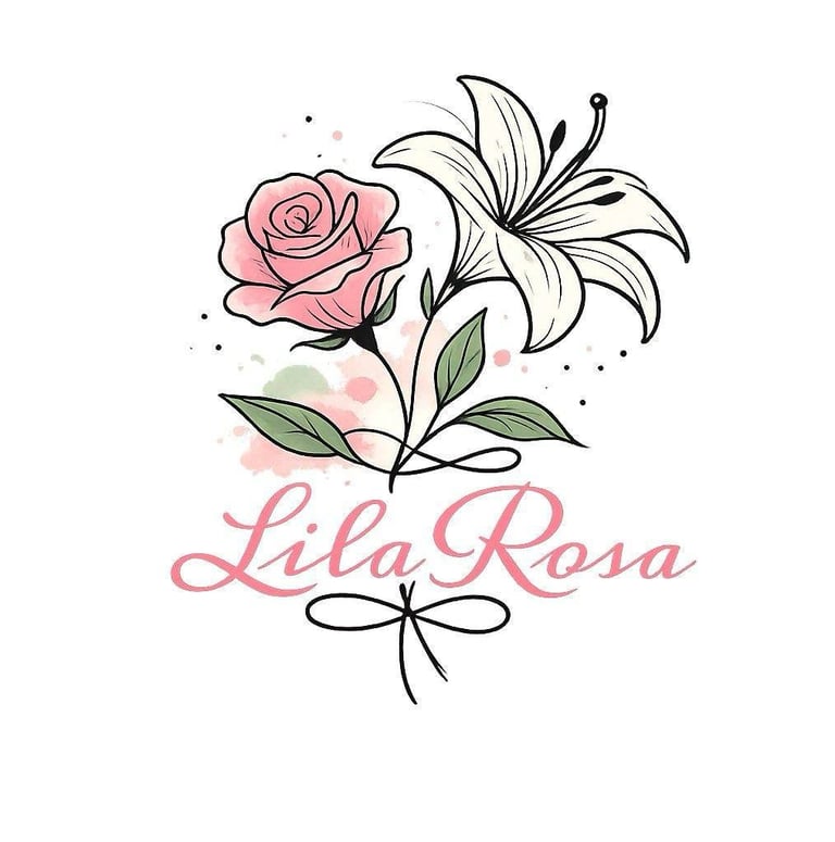 Logo design with pink rose and white lily flowers, green leaves, and Lila Rosa text in cursive script