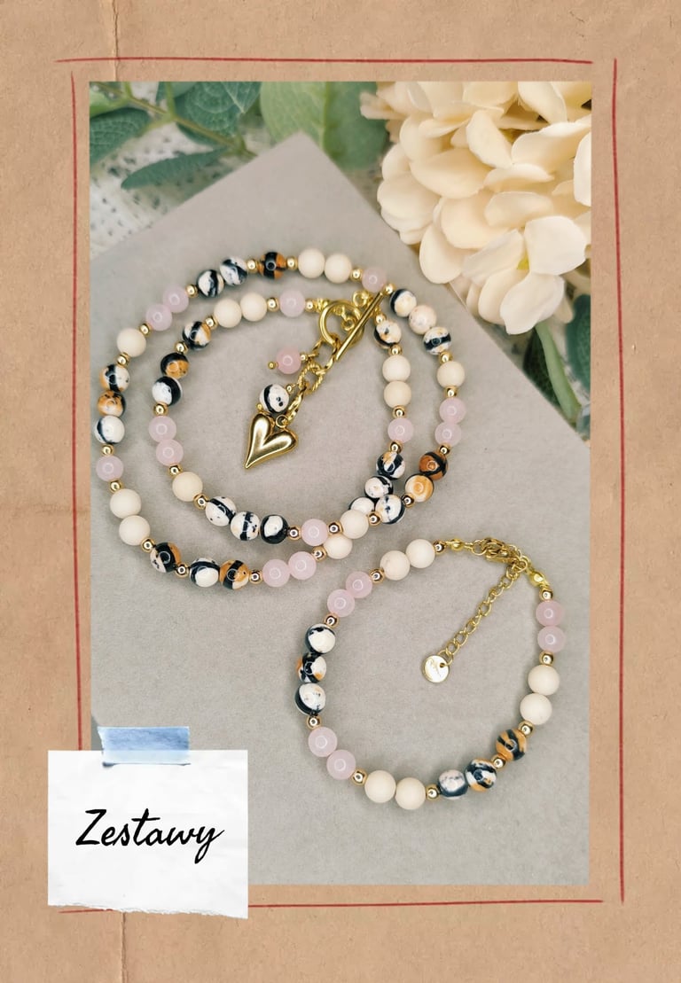 Beaded jewelry set featuring two bracelets with rose quartz, mother-of-pearl, and metallic beads with gold toggle clasp and heart pendant